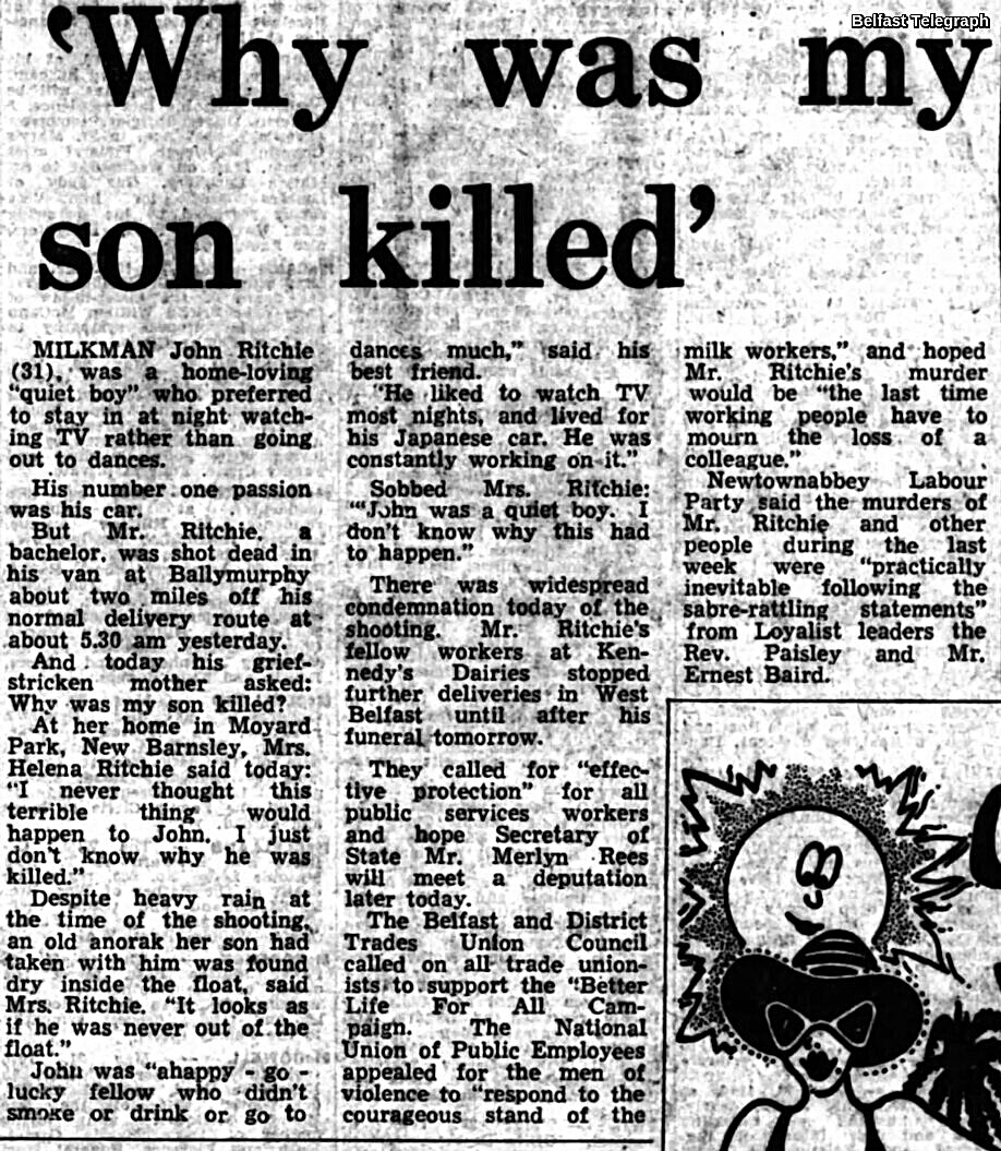 Hannyhas's tweet photo. #Remembered 30/5/1976, John Ritchie, 31, unmarried. Roman Catholic milkman on rounds with Kennedy Dairies found shot believed by loyalists, in his milk float, off route in Ballymurphy, Belfast, 5:30 am #OTD. He had not any known illegal involvement. No one has admitted their part https://t.co/Mz4QK2DuqA