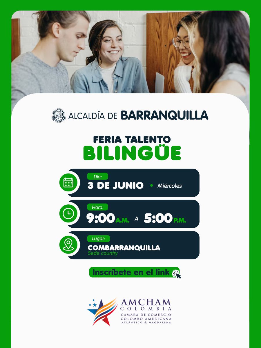 AmChamBaq's tweet photo. En búsqueda de nuevas oportunidades laborales? @alcaldiabquilla y AmCham te invitan a la Feria Talento Bilingüe 📌

📅 Miércoles 3 de junio
🕘 9:00 a.m. – 5:00 p.m.
📍 Combarranquilla, sede Country
✅ Más de 600 vacantes 

https://t.co/7IiogJFck4 https://t.co/FYKYXQ76ls