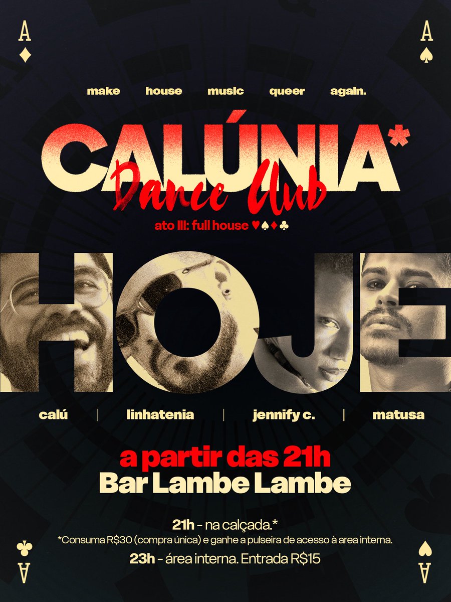 caluniaaa's tweet photo. nosso ato III continua hoje no Bar Lambe Lambe, tá? 

além do nosso duo gigante, teremos @JennifyC e @_matusa__ fazendo seu debut no nosso projeto. ♥️♠️♦️♣️

a festa começa na calçada a partir das 21h. https://t.co/ZrDwsj7BDO