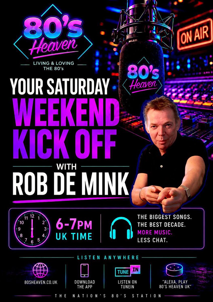 Heaven80s's tweet photo. Your Saturday night #80s party across the UK and beyond! Don’t miss @RobdeMink from 6pm on 80’s Heaven Great Britain!! #80sHeaven #80sHeavenRadio https://t.co/uOLXSfQrYo