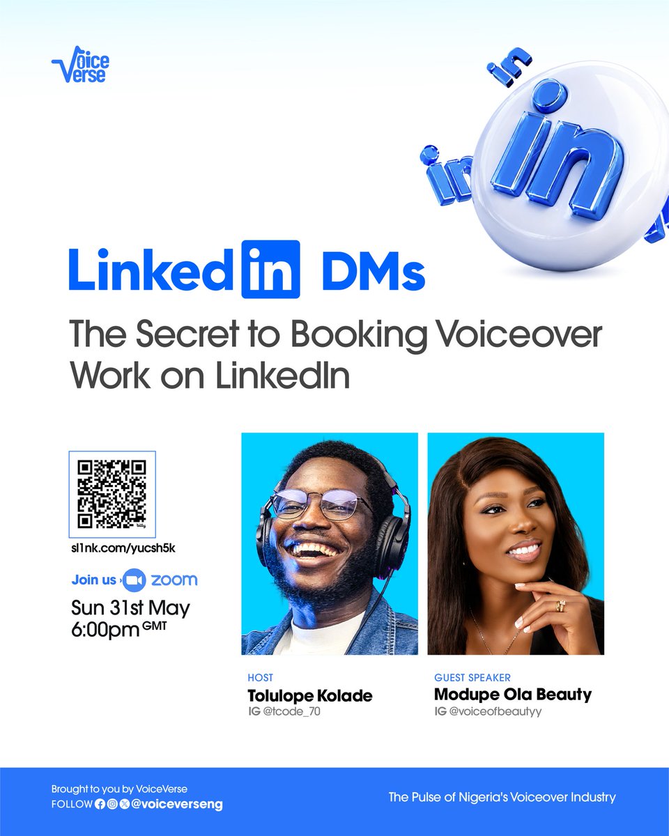 VoiceVerseNG's tweet photo. Hey Voiceversers! 😁
Just 24 hours to go! 🚀

Join host @Tcode_70 and guest speaker @voiceofbeauty for:

🎙️ LinkedIn DMs: The Secret to Booking Voiceover Work on LinkedIn

📅 May 31
⏰ 6 PM (WAT)
📍 Zoom
Save your spot 👇
https://t.co/nyEkEDVknx

#voiceversewebinar #voiceactors https://t.co/b4awBRUsvK