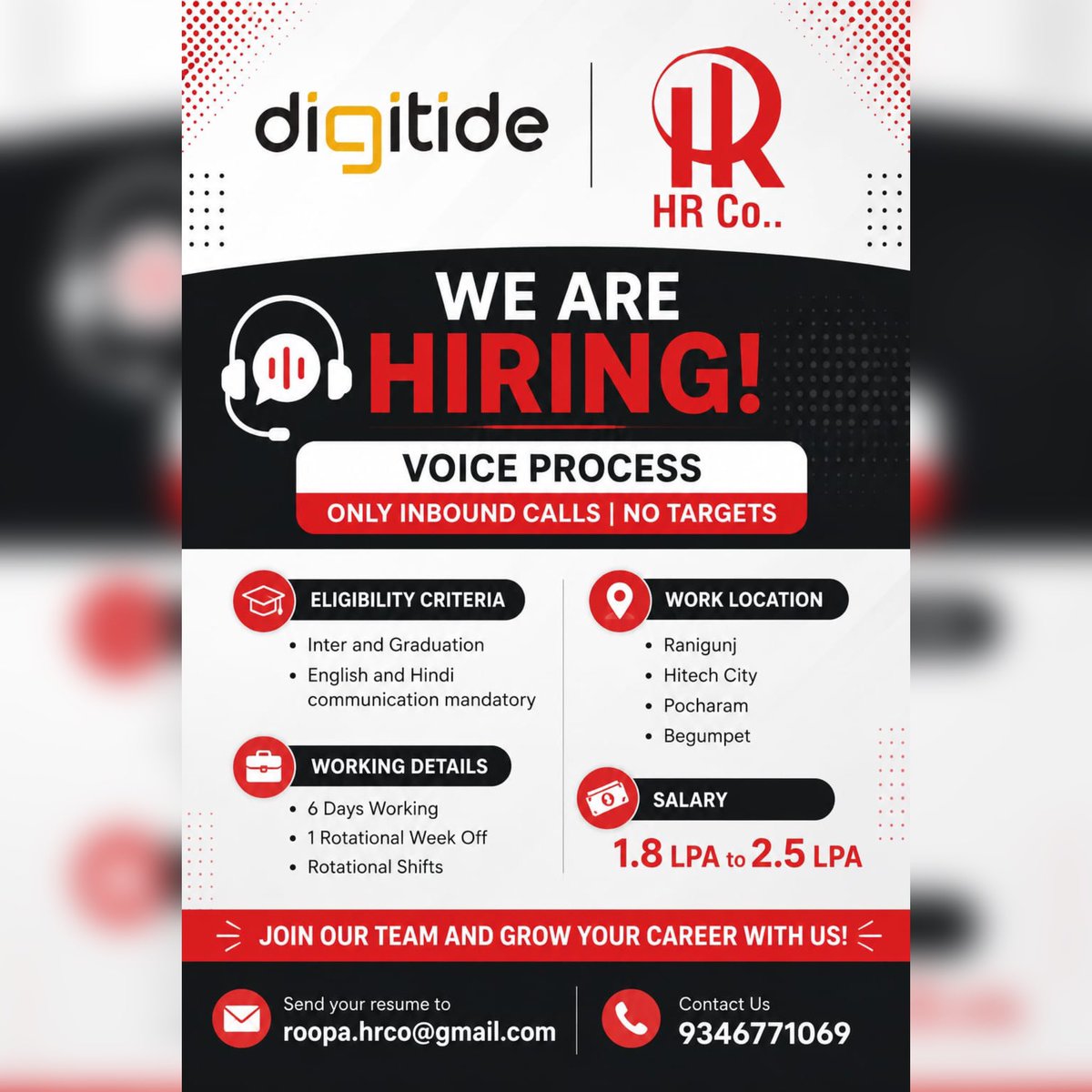 hrcoindia's tweet photo. 🚨 Hiring Voice Process Executives

✅ Only Inbound Calls
✅ No Targets
✅ Freshers Welcome

📍 Hyderabad
📞 9346771069

#HiringNow #HyderabadJobs #VoiceProcess #JobAlert https://t.co/DWHWEFzxqG