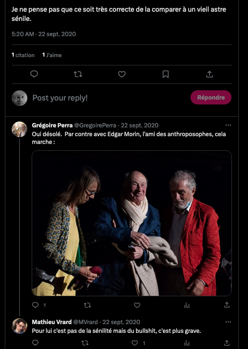 SylvainFreres's tweet photo. @Remimogenet @Humanaste Sincères pensées pour Edgar Morin. On se souvient du harcèlement sur X qu’il avait subi de la part de soutiens de Grégoire Perra, l’accusant d’être anthroposophe. Et de la blagueuse Natalia Trouiller lui rapportant des conneries.
https://t.co/JhkED8A9TA
https://t.co/ZxsCLFCDvM https://t.co/pR2XrTg4Vt