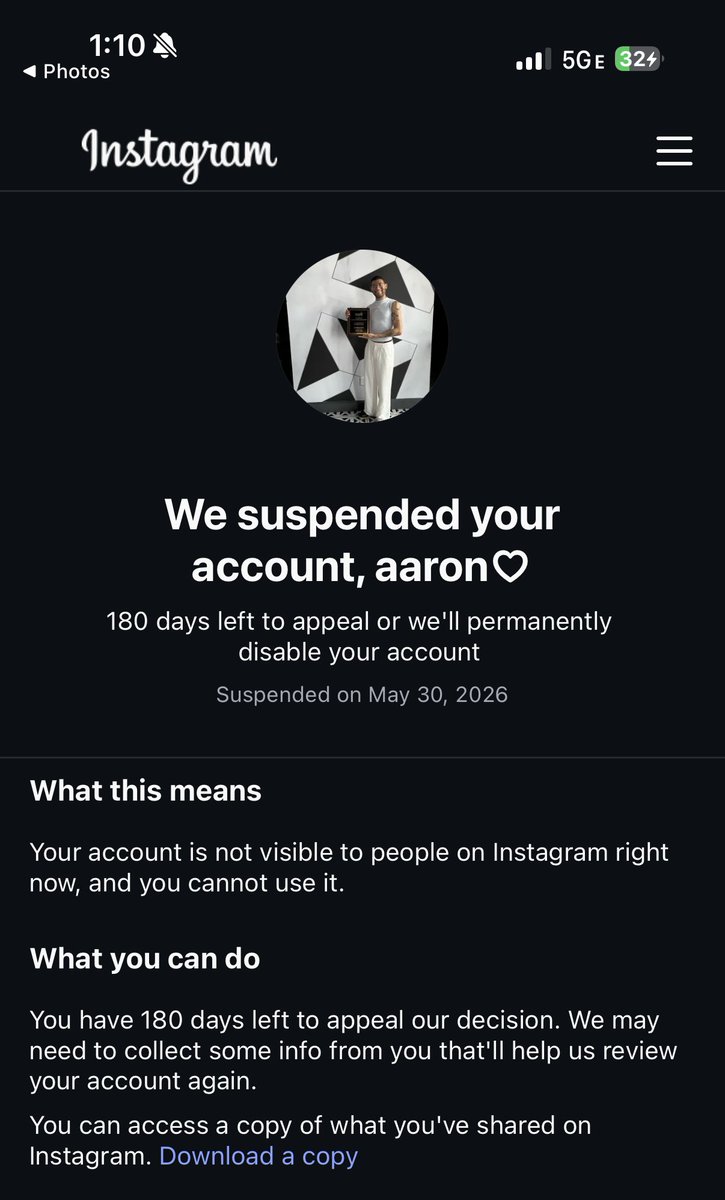 hauser_am's tweet photo. Hey @instagram can you like… un-suspend my account 🤠 your ai detection thing is stupid and wrong https://t.co/TZzrBKvOWf