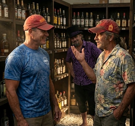 LoquaciousLive's tweet photo. A tinny chime, a sudden bark, 
Steps echoing into the dark. 
Past dusty shelves of common style, 
A shadow breaks into a smile. 

Two eras meet, the numbers blend, 
A gruff salute between old friends. 
No matter where the captains roam, 
A brother's greeting feels like home.

The Narrative: Chapter 1, Post 2 of 5 

The metal glass door swung inward, triggering a sharp, tinny jingle from a cluster of bells mounted on the frame. The interior was dim, wood-shelved, and smelling of old dust and neon hum. 

They didn't see the owner right away, but his voice arrived before he did—a gruff, booming drill instructor bark echoing from the deep shadows of the back room: 

"We close in five minutes! And I mean close!"

Sage didn't miss a beat, hollering back into the aisles: "We're looking for rum! Something unique!" Stepping into the first aisle, the selection was a disappointing sight—just rows of the usual, mass-produced bottles you could find in any corner shop across the country. But as Sage called out, "Is this all you have?!" a voice materialized just two feet behind them.

"You don't need to yell."

Hatter and Sage spun around. The owner had navigated the space soundlessly. He stood at 5'7", mid to late 60s, with a tattered Marine Corps logo on his baseball cap.  
Salty’s eyes darted instantly to Sage’s own signature gear—an old red baseball cap with bright yellow stitched lettering:

MARINES

A look of mock exasperation washed over the old Gunnery Sergeant's face as he groaned in a thick, gritty Charlestown accent:

"AHH FACK! Another matherfacking Jarhead!"

The tension instantly evaporated into a booming wave of shared laughter.

👉 Follow us to see the brotherhood lock in, and tag along on our Rum Odyssey.

💬 Hit the comments and guess the @marines ranks of these characters! 🥃🏴‍☠️

#tikiculture #USMC