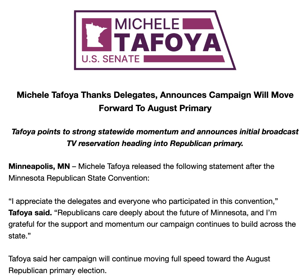 Michele_Tafoya's tweet photo. Thank you to the delegates who showed up to the State Convention! I have met and spoken with hundreds of you since launching our campaign in January.

Our goal is winning in November. I will continue our campaign, growing a coalition that will unite conservatives, independents, and common-sense Minnesotans.