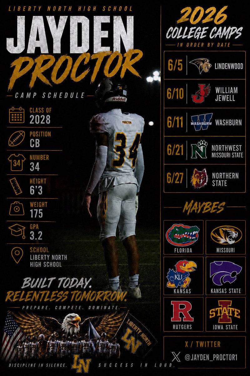 Jayden_Proctor1's tweet photo. 2026 Camp Schedule‼️@CoachALierman @CoachMalone816 @CoachWrightWJC @CoachSharpWU @Coach_Brisnehan @CoachGlas05 @MattFrench23 @CoachC_Collins @CoachEricFinney @AllenTrieu @JPRockMO https://t.co/BbAl0MFB3J