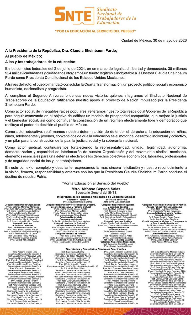 SNTE8's tweet photo. ✅ A dos años del triunfo del #SegundoPisoDeLa4T, el Secretario General del #SNTE, Mtro. Alfonso Cepeda Salas, felicita a la Presidenta @Claudiashein por los avances logrados en la transformación y el fortalecimiento de México.🇲🇽
#LaHonestidadDaResultados
https://t.co/xL0m1Ui2DC https://t.co/eIpiTNU91R