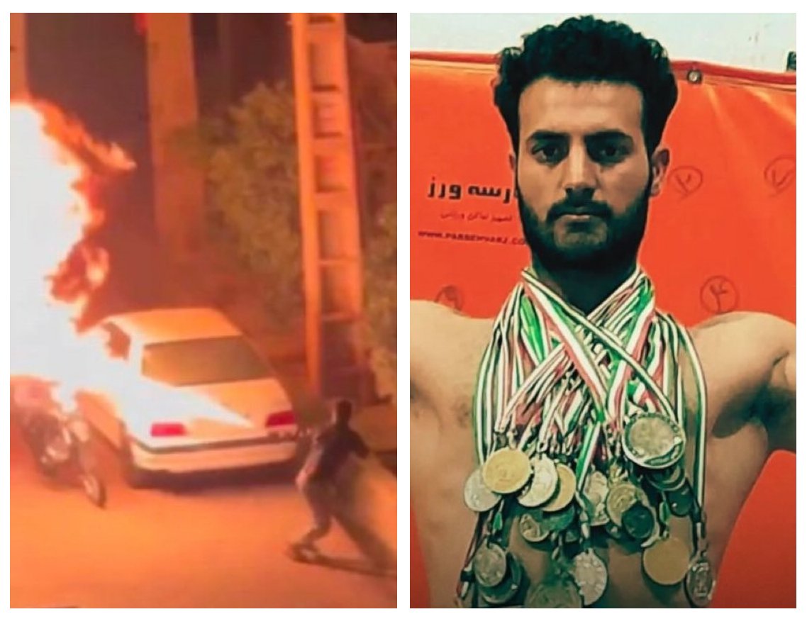 Safarnejad_IR's tweet photo. ⚠️ The rioter who set Iranian police on fire using homemade flamethrower is sentenced to death.

The regime change accounts use his picture on the right to say that Iran is executing a dissident athlete, not showing you the atrocity that he committed. https://t.co/7eGvqbsjJr