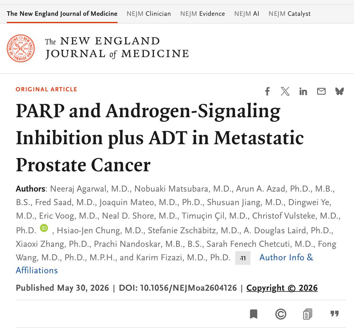 OncoAlert's tweet photo. JUST OUT at #ASCO26 with a concomitant Publication in the New England Jouranal of Medicine:  TALAPRO 3 :PARP and Androgen-Signaling Inhibition plus ADT in Metastatic Prostate Cancer

by our dear friend and OncoAlert founding faculty @neerajaiims 🚨

https://t.co/mHpWZ6MEAA

In this phase 3 trial of patients with metastatic androgen pathway modulation–sensitive #prostateCancer and homologous recombination repair gene alterations, adding talazoparib to enzalutamide significantly improved imaging-based progression-free survival versus enzalutamide alone (3-year rates: 77% vs. 56%; HR 0.48, P<0.001). An interim overall survival analysis favored talazoparib but was not definitive. Toxicity was higher with talazoparib, particularly grade ≥3 anemia, with two treatment-related deaths reported.

@neerajaiims
@AzadOncology
@quimmateo
@nealshore
@cvulsteke 

@montypal @crisbergerot @DrDanielHeng @apolo_andrea @DrChoueiri @PGrivasMDPhD @TiansterZhang @HHammersMD @ravikanesvaran  @neerajaiims @amerseburger @sonpavde @drenriquegrande @scserendipity1 @Silke_Gillessen
@EfstathiouEleni @tompowles1 @BraunMDPhD  @nataliagandur  @cdanicas @brian_rini @AOmlin @yekeduz_emre  @DrYukselUrun 
@nataliagandur @realbowtiedoc @AmandaNizamMD  @scocmem