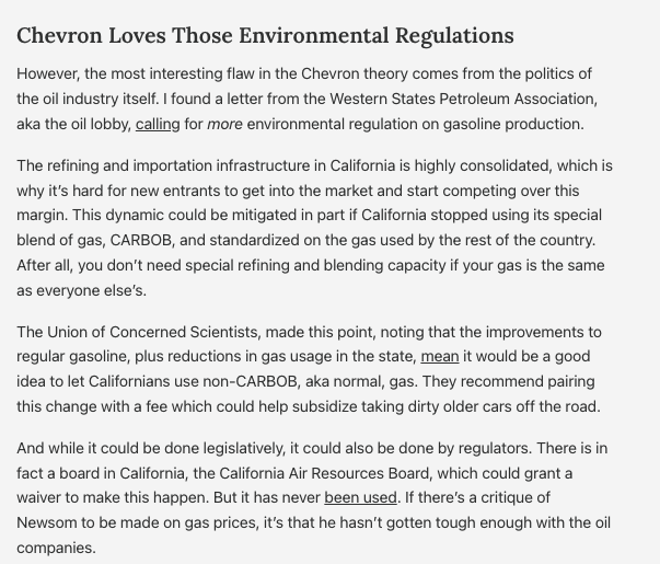 matthewstoller's tweet photo. Chevron is lobbying for more environmental regulations on gasoline in California, even as liberal groups like the Union of Concerned Scientists argue for rolling back restrictions. Why? Because regulations offers market power.

The Groups strike again!

https://t.co/Utdsscad3F https://t.co/c8ofqUsgFs
