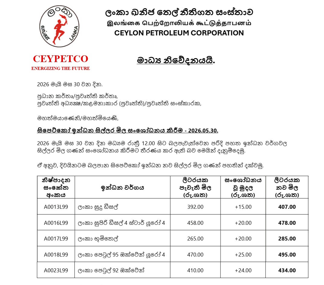 rangaba's tweet photo. Petrol 92 octane up 24 rupees, 95 octane up 25 rupees, auto diesel up 15 and super diesel up 20. Kerosene up 20 from midnight tonight. https://t.co/XuF4Z4iEID
