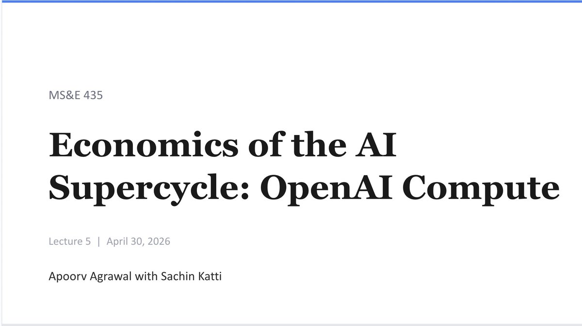 apoorv03's tweet photo. MS&E 435 Class 5 with @sk7037 is now up: https://t.co/xSZuxLOjEB

We discuss how OpenAI plans to scale from ~2GW to ~30GW of compute capacity by 2030, a heterogenous compute strategy, and compute bottlenecks lie. I learned a ton from this conversation and hope you do too. 

Apologies for the delay in getting this online. We are committed to open-sourcing these conversations. Conversations from Class 5 onwards will be posted on the Stanford channel. Thanks your patience!