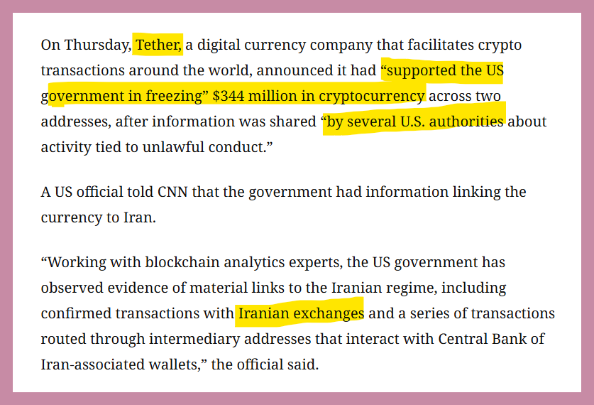 bitcoinmalaya's tweet photo. US just grabbed $1 BILLION worth of Iranian crypto

Wait, how did it happen?

here is the thing, crypto is not magically untraceable or unseizable especially when it touches centralized rails

Iran doesn’t hold most of it in secret Bitcoin self-custodial wallets.

They use Tether (USDT), literally a US dollar coin run by a company that listens to the US government. 

For example in April 2026, US government tracks and says: “Freeze these wallets.” Tether froze $344 million worth of stablecoins. Money gone. Just like that. 

Iran learnt it the hard way

Not your key, not your coin