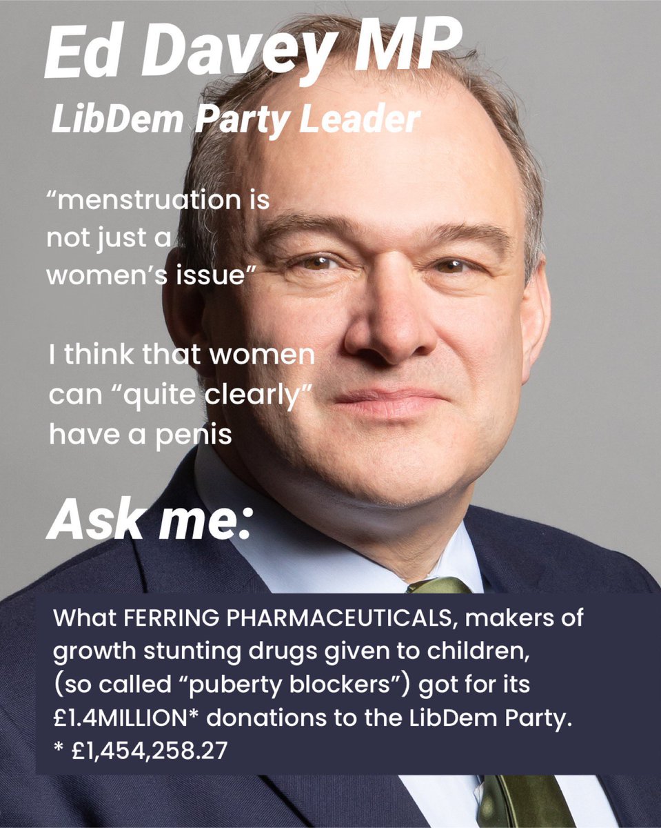 FuriousBanshee's tweet photo. @LibDems @EdwardJDavey Gosh what did “puberty blocker” makers Ferring Pharmaceuticals get for its £1.4million donations to LibDems? https://t.co/eXP4MbrwMA