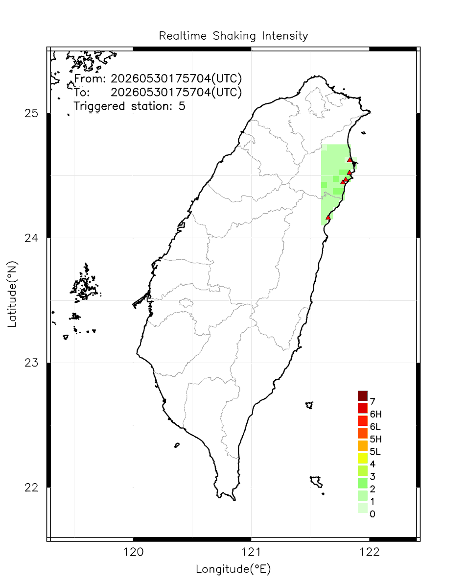 eew_p's tweet photo. Automatically Plotted Shakemaps:
* 2026-05-31 01:57:04 (UTC+08:00, Taipei)
* Evt. 20260531015704, First Report.
* Total 5 triggered stations

Note: These shakemaps are not yet confirmed, for reference only!
#地震 #台灣 #earthquake #Taiwan https://t.co/94UhR3lDMA
