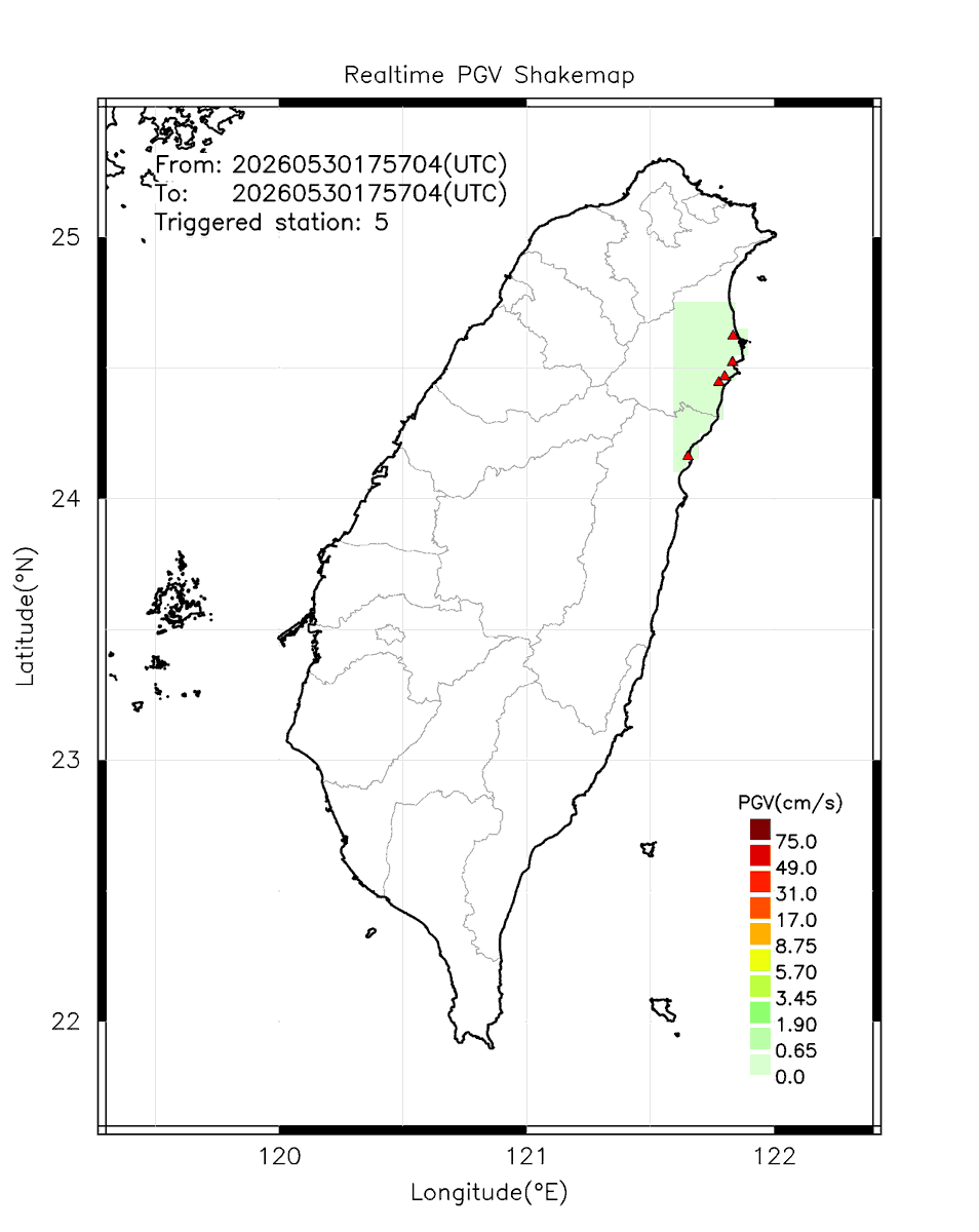 eew_p's tweet photo. Automatically Plotted Shakemaps:
* 2026-05-31 01:57:04 (UTC+08:00, Taipei)
* Evt. 20260531015704, First Report.
* Total 5 triggered stations

Note: These shakemaps are not yet confirmed, for reference only!
#地震 #台灣 #earthquake #Taiwan https://t.co/94UhR3lDMA