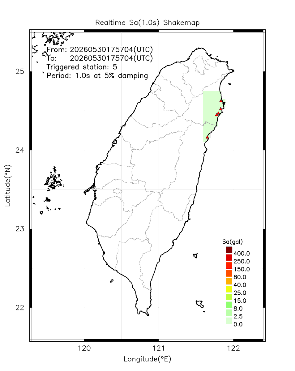 eew_p's tweet photo. Automatically Plotted Shakemaps:
* 2026-05-31 01:57:04 (UTC+08:00, Taipei)
* Evt. 20260531015704, First Report.
* Total 5 triggered stations

Note: These shakemaps are not yet confirmed, for reference only!
#地震 #台灣 #earthquake #Taiwan https://t.co/94UhR3lDMA
