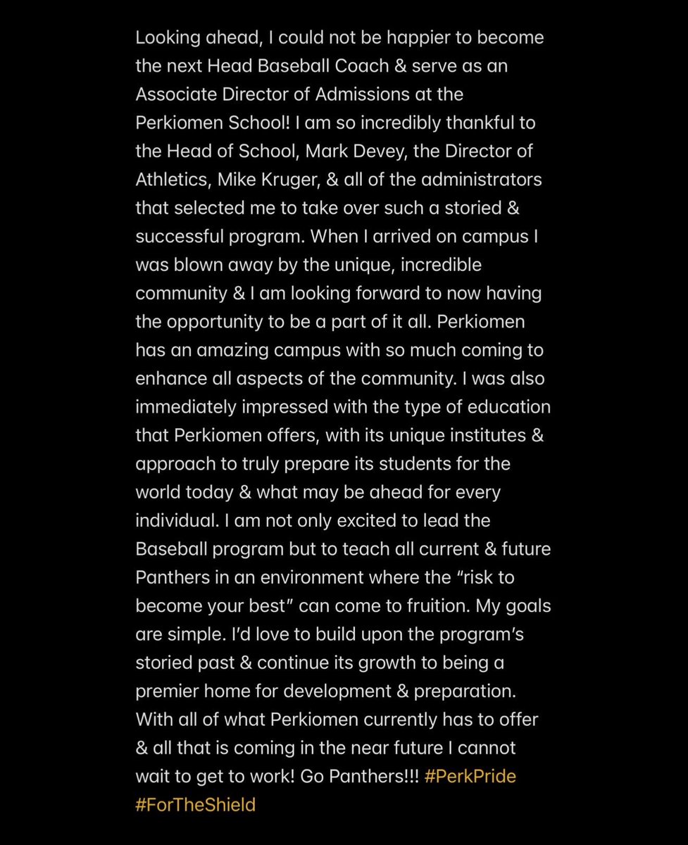 JMClancyIII's tweet photo. Blessed to share that I have been offered and accepted the job of Head Baseball Coach &amp; Associate Director of Admissions at the Perkiomen School! Couldn’t be more excited to take over such a great program &amp; I cannot wait to get to work! Go Panthers! 🐾 #PerkPride #ForTheShield https://t.co/hh1QM7a54q