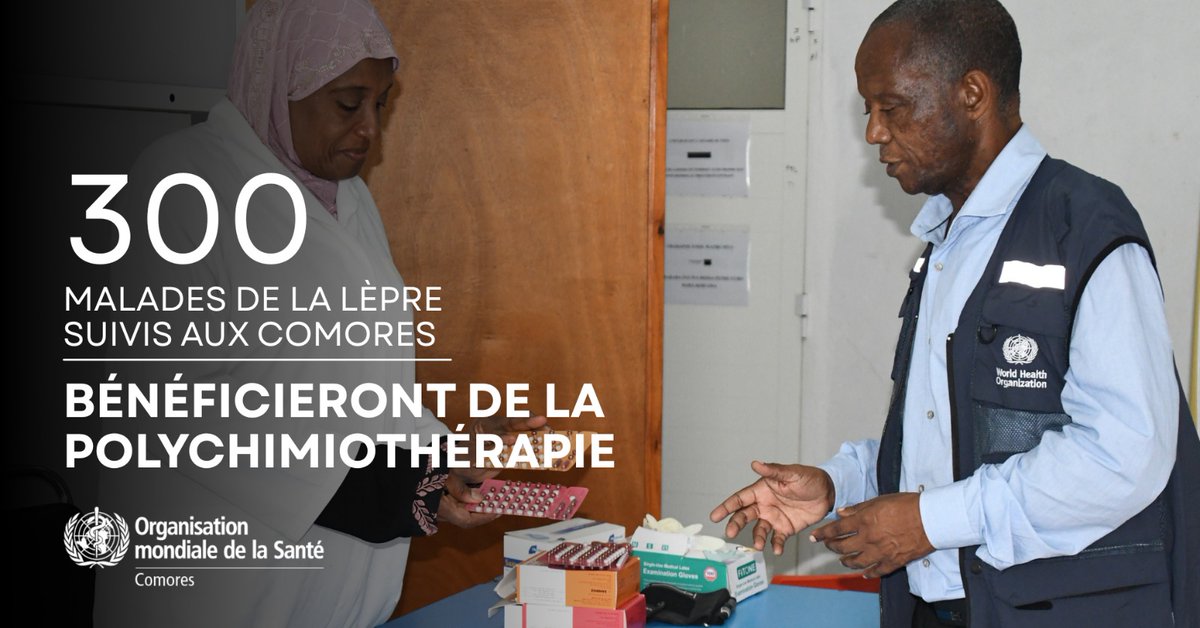 OMSComores's tweet photo. #Comores | L’OMS aux côtés du programme national de lutte contre la #lèpre

L’Organisation mondiale de la Santé (OMS) continue de soutenir les efforts du gouvernement comorien pour une société sans lèpre. En assurant la disponibilité de médicaments sûrs et efficaces, l’OMS contribue à améliorer l’accès aux soins pour toutes les personnes affectées par la maladie, à prévenir les infirmités, à interrompre la transmission et à réduire la stigmatisation.

Il y a quelques semaines, l’OMS a doté le Programme national de lutte contre la lèpre de traitements complets couvrant 100 % des patients, qu’il s’agisse de nouveaux cas ou de personnes déjà sous traitement. Plus de 300 patients bénéficieront ainsi de la polychimiothérapie (PCT), selon les protocoles recommandés par l’OMS.