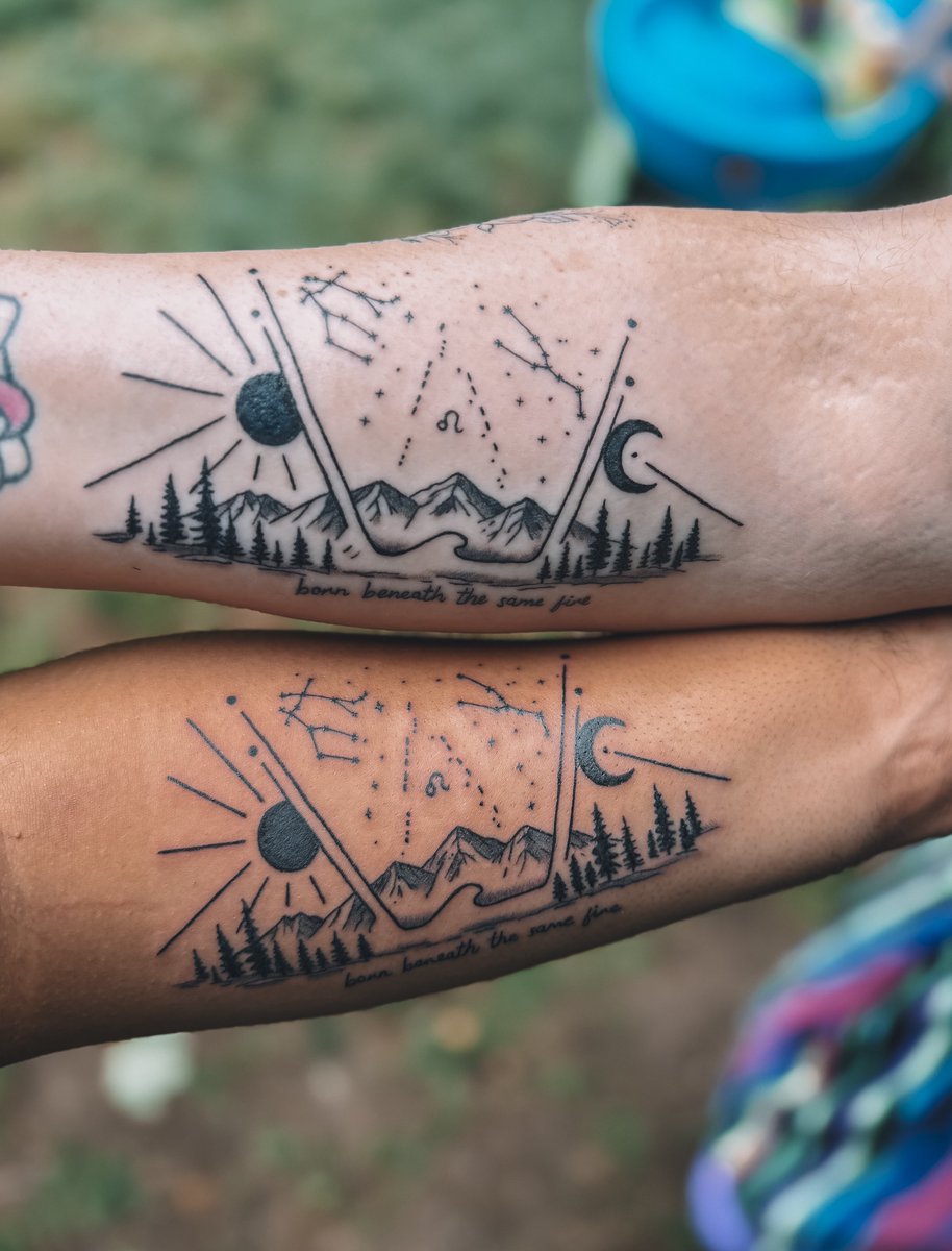 DavonOGomez's tweet photo. Born beneath the same fire. 🐦‍🔥♌️🌌

My sister and I got more than matching tattoos. 

We got a piece of our family story etched into us forever.

On the surface, it’s celestial — the sun, the moon, mountains, trees, waves, and constellations.
But every single line carries meaning.

The constellations represent our mother, Mémé, and our Pépé watching over us.
The mirrored structure represents us — two siblings, almost a decade apart, but somehow reflections of one another in all the ways that matter most.

The mountains symbolize endurance — the strength to keep standing through everything life has placed in front of us.
The trees represent growth, healing, and the people we’ve become through every season we’ve survived.

The wave symbolizes something we both learned growing up: hard times rise, but they also fall away. No storm lasts forever.

Hidden within the design are two “iis” and a “W” for our mom’s favorite saying:
“It is what it is.”
Not as a way of giving up, but as a reminder to keep going even on the hardest days.

The Morse code reads “II Most Wanted,” inspired by the Beyoncé and Miley Cyrus song — because no matter where life takes us, we’ll always be a pair.

And underneath it all are the words:
“Born beneath the same fire.”

Because even though we were born 10 years and 11 days apart, we were shaped by the same love, the same loss, the same family, and the same strength.

We got this tattoo on our Mémé’s birthday — a way to carry every generation of love with us, always.

—

Designed by: @dgdpdesigns 
Tattooed by: Stacy @ Wyld Chyld in Norwich CT
