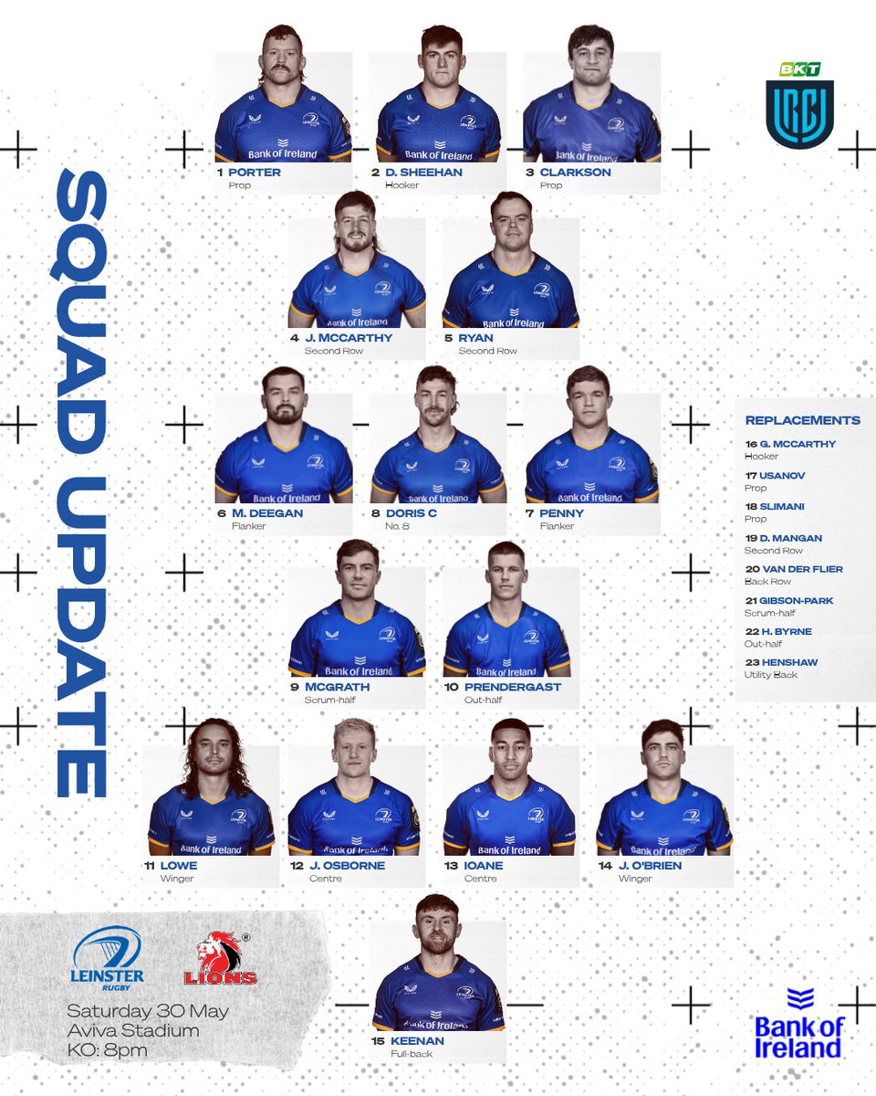 sin_bin_rugby's tweet photo. Leinster Squad update to face Lions in the URC Quarter-Final Match tonight.
Thomas Clarkson replaces Tadhg Furlong in the starting XV with Rabah Slimani named among the replacements.
#LEIvLIO #URC #BKTURC #SinBinRugby #NeverLessThanEverything #ForOurCity #LionsPride https://t.co/UDRTYyYfla