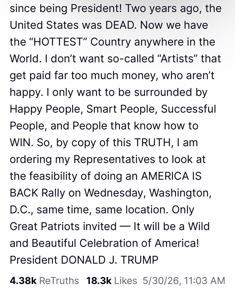 devahaz's tweet photo. MAGA: how dare these unpatriotic artists pull out of this totally non-partisan celebration of America!

Trump: actually let’s just do a campaign rally celebrating how awesome I am https://t.co/DDiizq6AyK