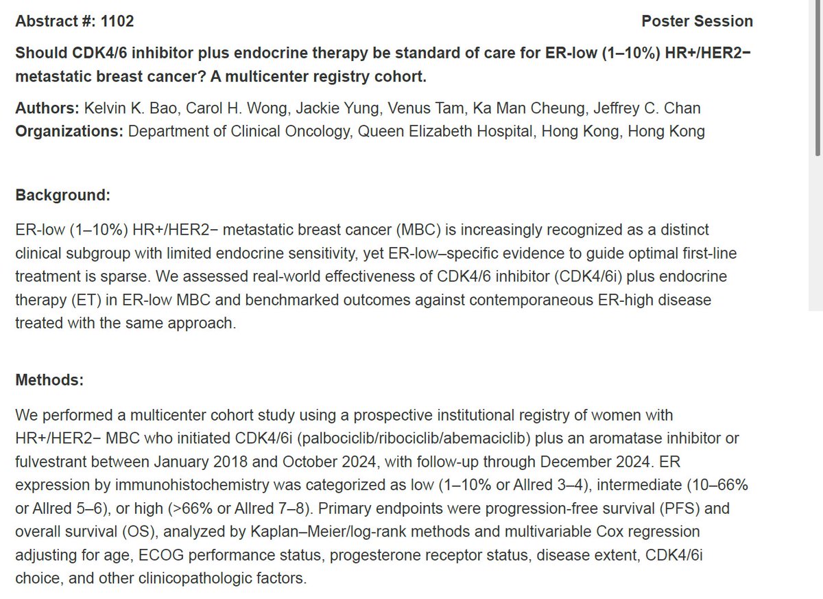 dr_yakupergun's tweet photo. #ASCO26

Does CDK4/6i really work in ER-low disease?

I had also really wanted to study the efficacy of CDK4/6 inhibitors in ER-low tumors, but I could not collect enough data. This study addresses exactly this important question. First of all, congratulations to the investigators.

In ER-low HR+/HER2− MBC, CDK4/6i + ET does not seem to deliver the expected HR+ benefit: PFS was 2.9 months. In ER-high patients, PFS was 23.3 months.

Despite the small sample size and the inherent limitations of a retrospective study, the observed behavior is consistent with what we would expect from ER-low tumors. ER-low disease should not simply be placed into the classic HR+ category with automatic CDK4/6i + ET. This subtype behaves closer to TNBC.