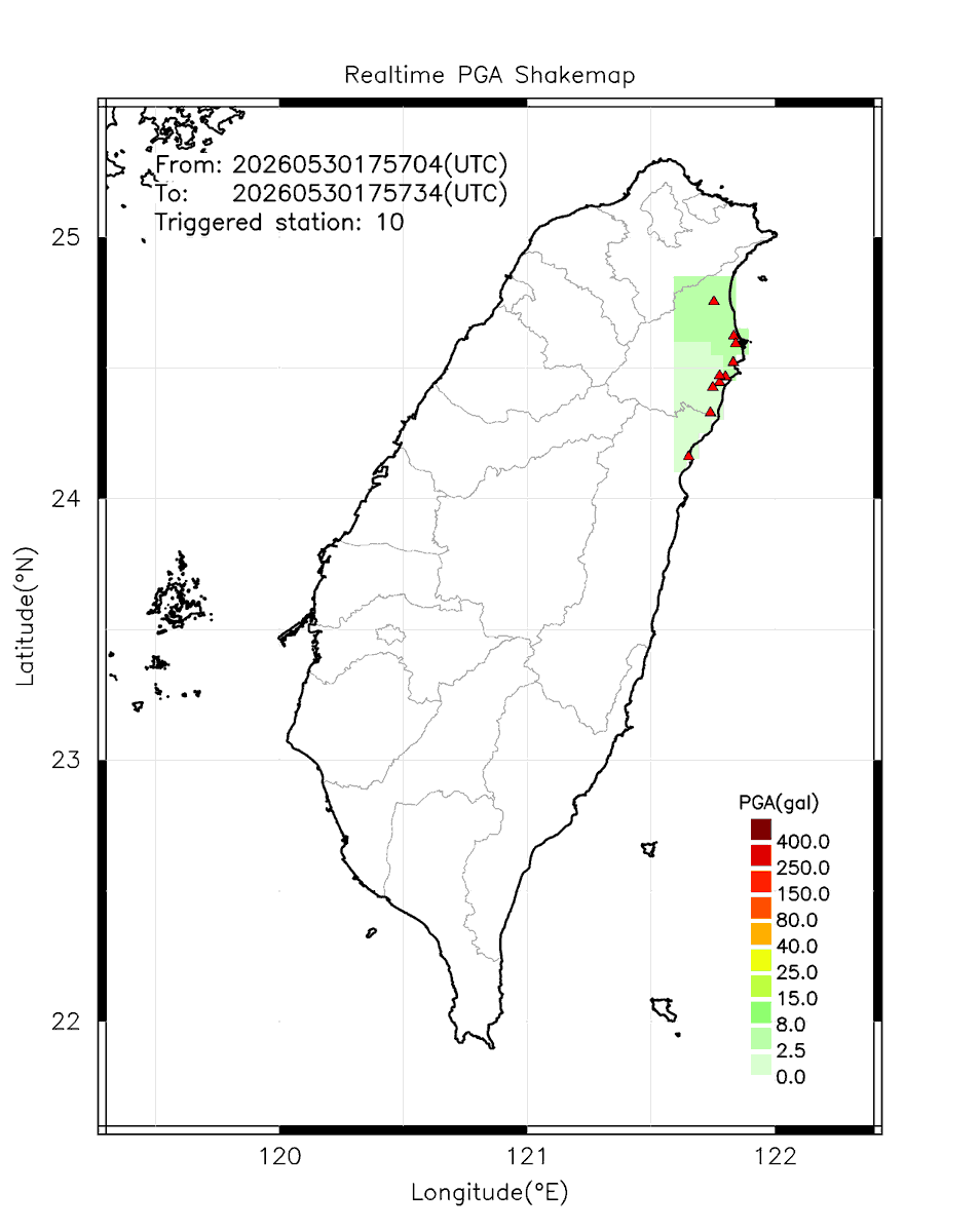 eew_p's tweet photo. Automatically Plotted Shakemaps:
* 2026-05-31 01:57:34 (UTC+08:00, Taipei)
* Evt. 20260531015704, 30s after trig.
* Total 10 triggered stations

Note: These shakemaps are not yet confirmed, for reference only!
#地震 #台灣 #earthquake #Taiwan https://t.co/tefGVpFZXC