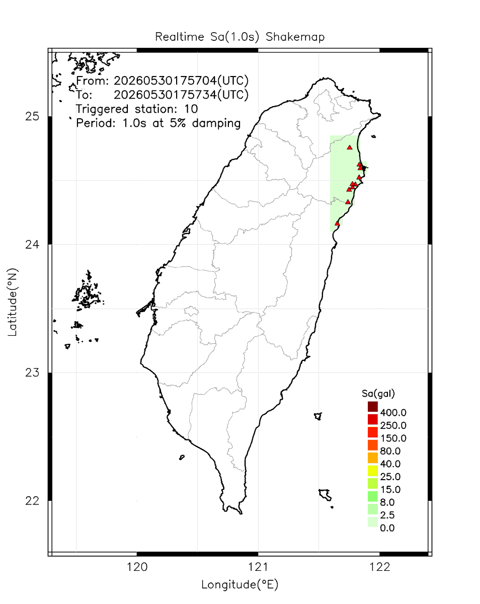 eew_p's tweet photo. Automatically Plotted Shakemaps:
* 2026-05-31 01:57:34 (UTC+08:00, Taipei)
* Evt. 20260531015704, 30s after trig.
* Total 10 triggered stations

Note: These shakemaps are not yet confirmed, for reference only!
#地震 #台灣 #earthquake #Taiwan https://t.co/tefGVpFZXC