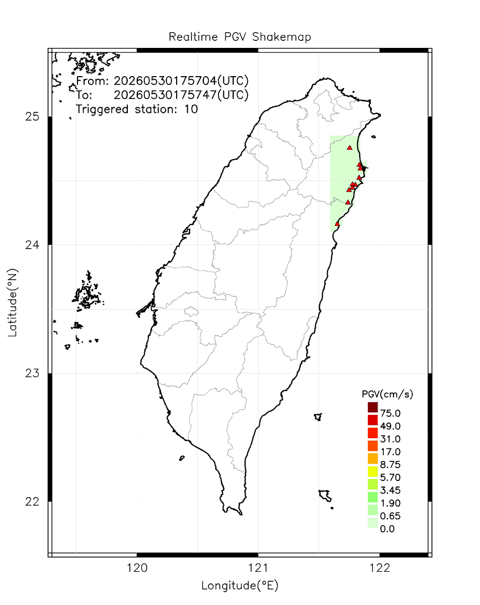 eew_p's tweet photo. Automatically Plotted Shakemaps:
* 2026-05-31 01:57:47 (UTC+08:00, Taipei)
* Evt. 20260531015704, Final Report.
* Total 10 triggered stations

Note: These shakemaps are not yet confirmed, for reference only!
#地震 #台灣 #earthquake #Taiwan https://t.co/aPjRXY9fIJ
