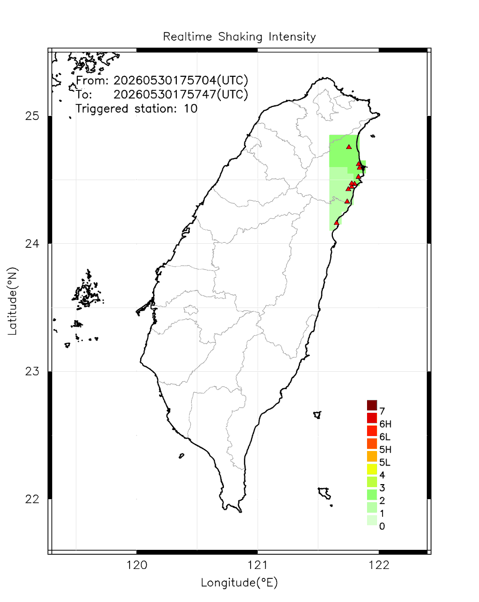 eew_p's tweet photo. Automatically Plotted Shakemaps:
* 2026-05-31 01:57:47 (UTC+08:00, Taipei)
* Evt. 20260531015704, Final Report.
* Total 10 triggered stations

Note: These shakemaps are not yet confirmed, for reference only!
#地震 #台灣 #earthquake #Taiwan https://t.co/aPjRXY9fIJ