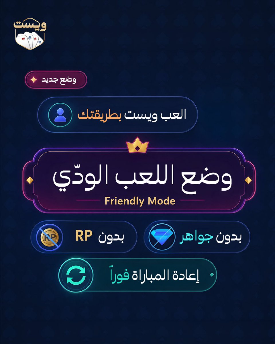 whistgame's tweet photo. إعلان وضع جديد في ويست!

جرّب الآن وضع اللعب الودّي (Friendly Mode) 🤝

♠️ العب مع أصدقائك بدون RP
💎 بدون جواهر
🔄 إعادة المباراة فورًا

استمتع بمباريات سريعة وممتعة بعيدًا عن التحديات والتصنيفات، وركّز فقط على المتعة واللمة الحلوة! 😎

#WhistGame #ويست #FriendlyMode #Gaming #CardGames #OnlineGames #GameUpdate #PlayWithFriends