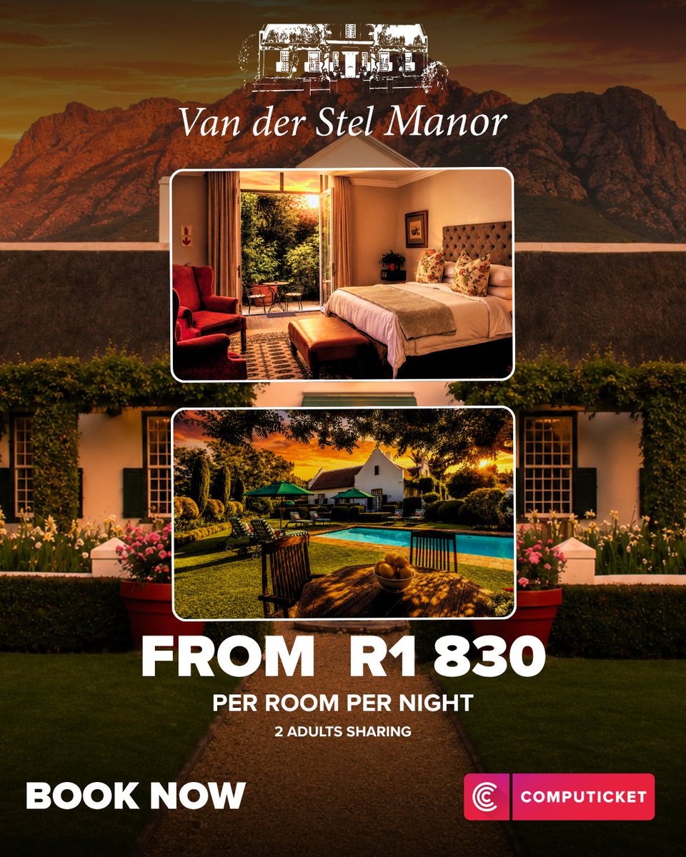 Computicket's tweet photo. This is your sign to take that Stellenbosch weekend 🍇👀 
Stay at Van Der Stel Manor 
🥐 Breakfast sorted 
🍷 Wine tasting nearby 
💆‍♀️ Stress? Gone.
From R1830 per room (2 sharing) 
📅 Check-in 3 July
🔗 https://t.co/u611JvvkOe  
👉 Go on, treat yourself 😉 https://t.co/9Otd8gmKlw