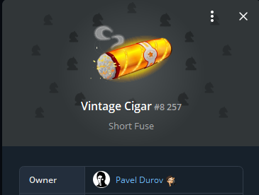 vintagecigarton's tweet photo. Born from the legendary Vintage Cigar Telegram Gift, our token carries the spirit of rarity, prestige, and timeless style. The glowing cigar is more than just an image - it represents patience, status, and the value of holding something truly collectible. Like the finest vintage cigars, our community is built around exclusivity, tradition, and long-term vision.

The cigar that became the symbol of our token is proudly pinned in the profile of @durov Telegram as a mark of origin and a reminder of the culture that inspired the project. It stands as a recognizable emblem for everyone who shares the Vintage Cigar legacy.

Vintage Cigar isn't just a token — it's a symbol of collectors, believers, and those who appreciate digital history in the making.
