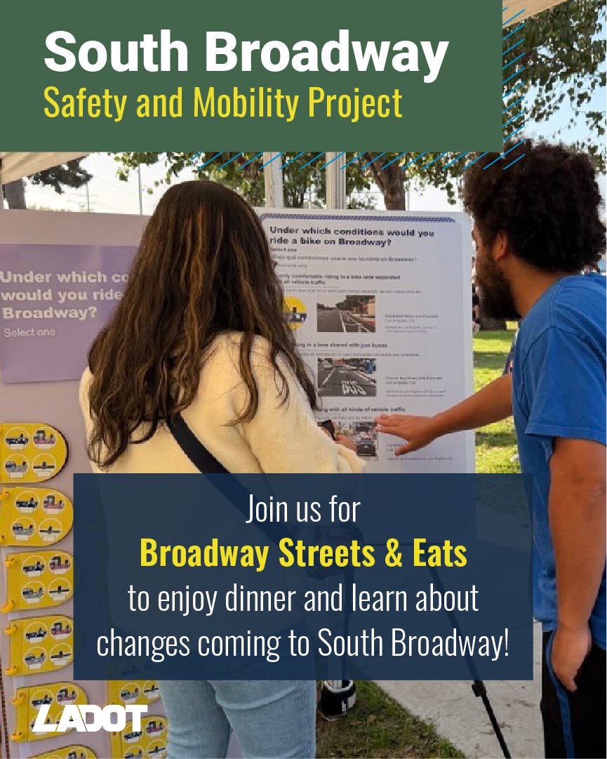 LADOTofficial's tweet photo. Broadway’s future is loading… 👀
Join us for Broadway Streets &amp; Eats on June 11, 6–8 PM, at Iglesia Koinonia to learn about proposed improvements along South Broadway.
Free food, giveaways, and more.
RSVP: https://t.co/8ORm49HPgI, https://t.co/V8b2Lg2fvI