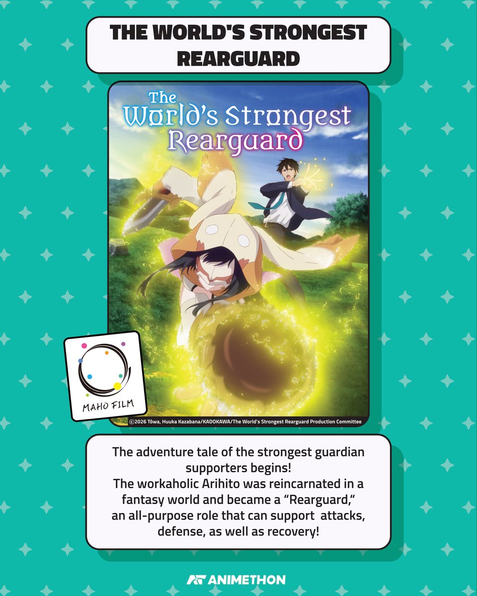 animethon's tweet photo. You’ve been asking and we’ve been listening…

Animethon is overjoyed to announce the return of ANIME SCREENINGS at our event with an OFFICIAL SCREENING of “The World’s Strongest Rearguard,” one of MAHO FILM’s latest summer titles that will begin airing in Japan in July!

Jump into the adventure of a Japanese salary-man reincarnated into a new world, and see how he supports his companions as a “Rearguard”!

Get your Fantasy and Isekai fix at Animethon with MAHO FILM’s adaptation of this highly regarded light novel, and stay tuned for another other-worldly announcement tomorrow!

@MAHOFILM
@Rearguard_PR