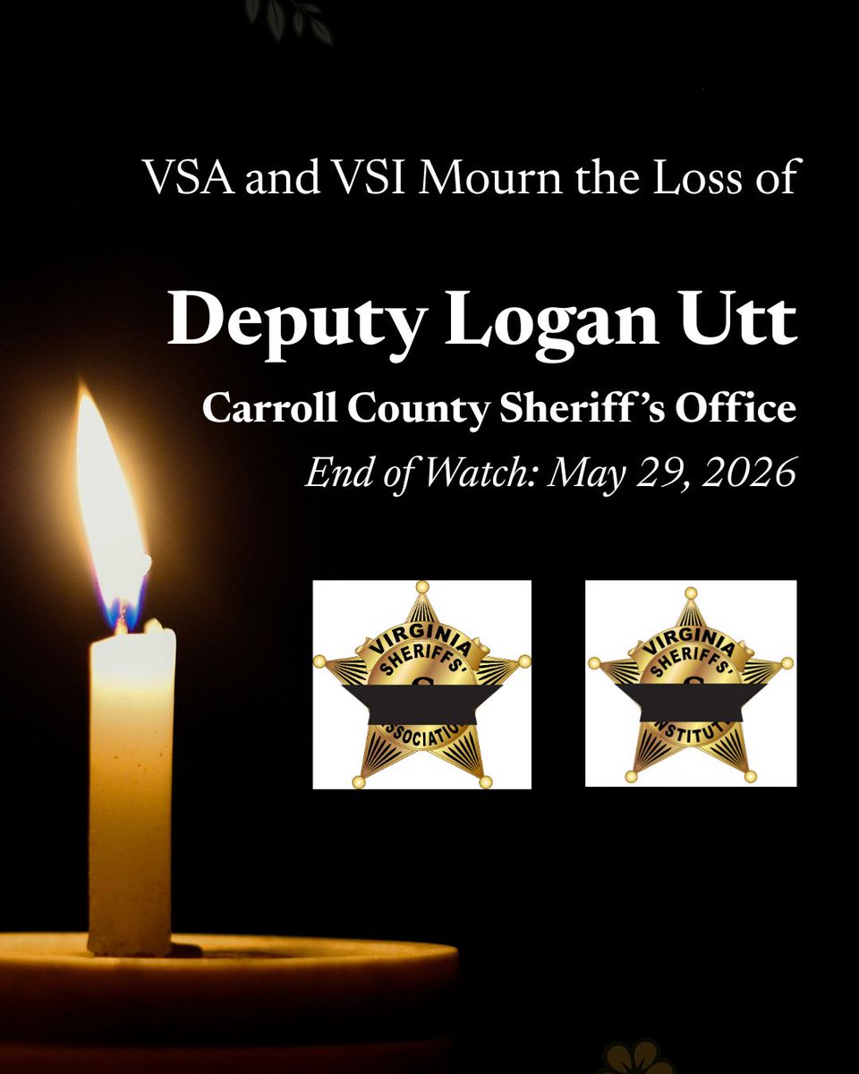 VSInstitute's tweet photo. VSI mourns the loss of Carroll Co. Sheriff's Deputy Logan Utt, who was killed in the line of duty on May 29, 2026. Join us in keeping Deputy Utt's loved ones, the injured deputy, Sheriff Kevin Kemp, and the Carroll Co. Sheriff's Office in your thoughts.

https://t.co/KniIHJJ9wO https://t.co/qumJJFINPY