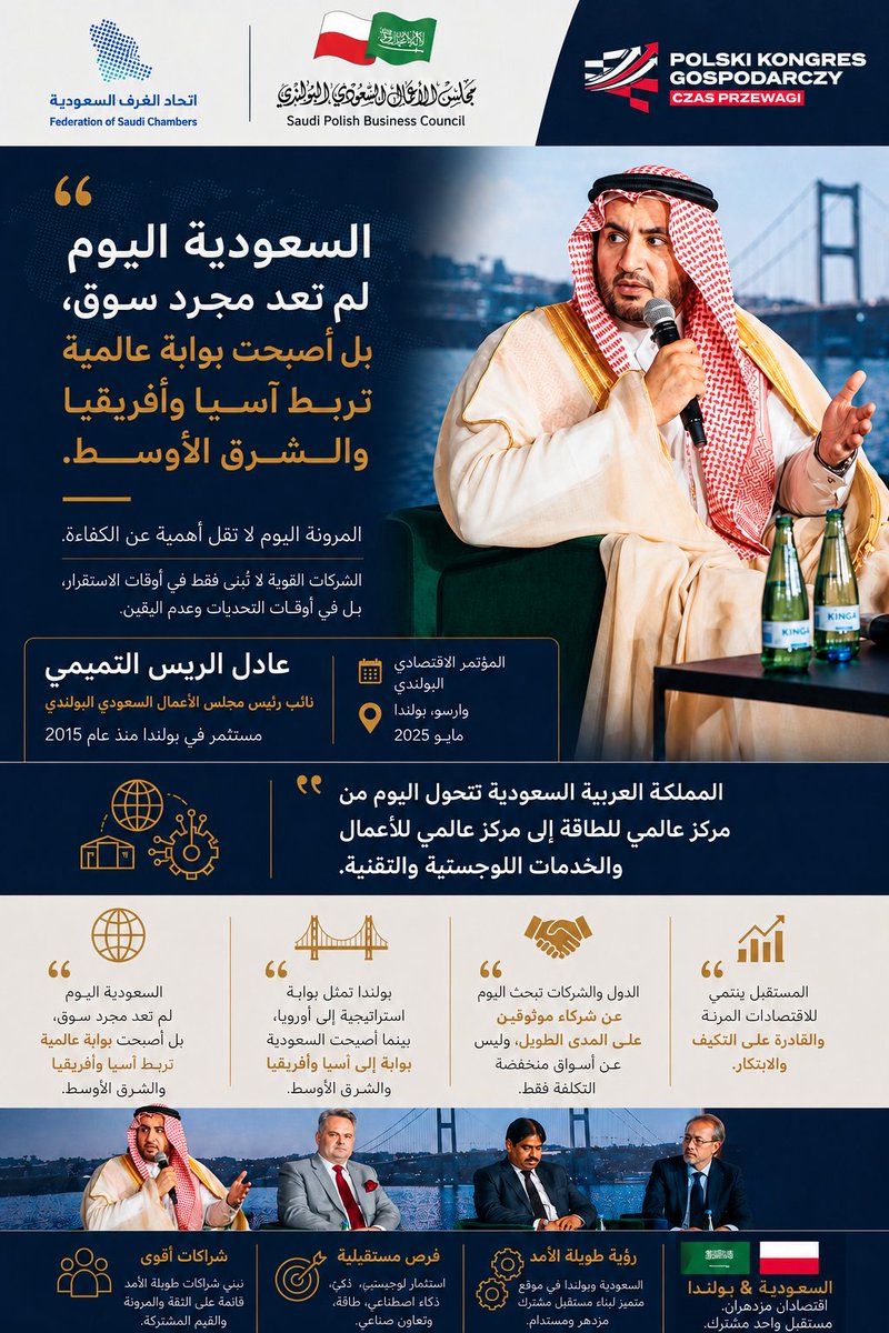 Adelkart's tweet photo. تشرفت بالمشاركة في جلسة نقاشية ضمن المؤتمر الاقتصادي البولندي @pkg_pracodawcy في وارسو 🇵🇱، إلى جانب نخبة من القادة والخبراء الدوليين، حيث ناقشنا آفاق الشراكات الاقتصادية والتكنولوجية القائمة على المرونة والاستدامة بين بولندا وآسيا.

وخلال الجلسة، أكدت أن المملكة العربية السعودية وبولندا تتقاسمان إحدى أهم ركائز النجاح في عالم اليوم، وهي المرونة والقدرة على التكيف مع المتغيرات العالمية.

فعلى الرغم من التحديات الجيوسياسية وتزايد حالة عدم اليقين على المستوى العالمي، يواصل البلدان تحقيق نمو اقتصادي مستدام وإظهار قدرة عالية على التكيف وبناء مسارات تنمو��ة طويلة الأمد، مدعومة باستراتيجيات وطنية طموحة، وفي مقدمتها رؤية السعودية 2030.

وتتجه بولندا بشكل متسارع لتعزيز موقعها كبوابة استراتيجية نحو أوروبا، في حين تواصل المملكة العربية السعودية ترسيخ دورها كبوابة عالمية تربط بين آسيا و��فريقيا والشرق الأوسط وما بعده.

وفي عالم اليوم، لم تعد الشراكات الدولية تُبنى على الكفاءة الاقتصادية فقط، بل أصبحت تقوم بشكل متزايد على الثقة، والمرونة، والمواءمة الاستراتيجية بعيدة المدى.

وبصفتي نائب رئيس مجلس الأعمال السعودي البولندي، ومستثمرًا في بولندا منذ عام 2015، وفي ضوء التحول الاقتصادي الطموح الذي تقوده رؤية السعودية 2030، أرى أن آفاق التعاون بين بلدينا واعدة للغاية، وتمتد لتشمل مجالات الاستثمار، واللوجستيات، والتقنيات المتقدمة، والذكاء الاصطناعي، والطاقة، والتكامل الصناعي.

إن ما نشهده اليوم بين المملكة العربية السعودية وبولندا لا يمثل مرح��ة عابرة من الزخم، بل يشكل أساسًا متينًا لشراكة استراتيجية طويلة الأمد.

وأعتقد أن ما تحقق حتى الآن ليس سوى البداية. 🇸🇦🇵🇱

#السعودية #بولندا #رؤية_السعودية_2030 #الاستثمار #التقنية #القيادة #النمو_الاقتصادي #اللوجستيات #الذكاء_الاصطناعي #الشراكات_الاستراتيجية #مجلس_الأعمال_السعودي_البولندي