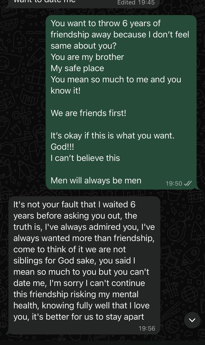 ChrissieJide3's tweet photo. Friendship breakups hurt more than relationship breakups. 

Imagine throwing away years of friendship just because your romantic feelings aren’t reciprocated. https://t.co/unBv7E1PwJ
