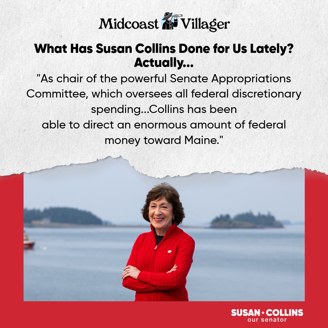 SenSusanCollins's tweet photo. As the first Maine Senator to chair the Appropriations Committee in 92 years, I'm proud to deliver critical investments directly to our communities. From public safety to vital infrastructure, I have and will work every day to create a safer, stronger future for all of Maine. https://t.co/53zSMT67G4