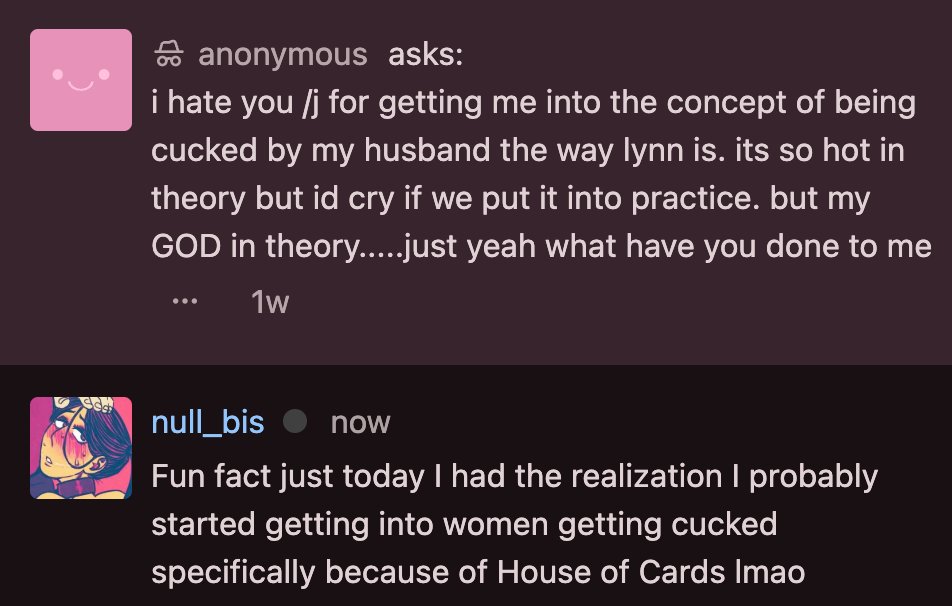 null_bis's tweet photo. i hate you /j for getting me into the concept of being cucked by my husband the way lynn is. its so hot in theory… — Fun fact just today I had the realization I probably started getting into women getting cucked specifically because of… https://t.co/IUsDGS46kJ https://t.co/nfleRNVW9a