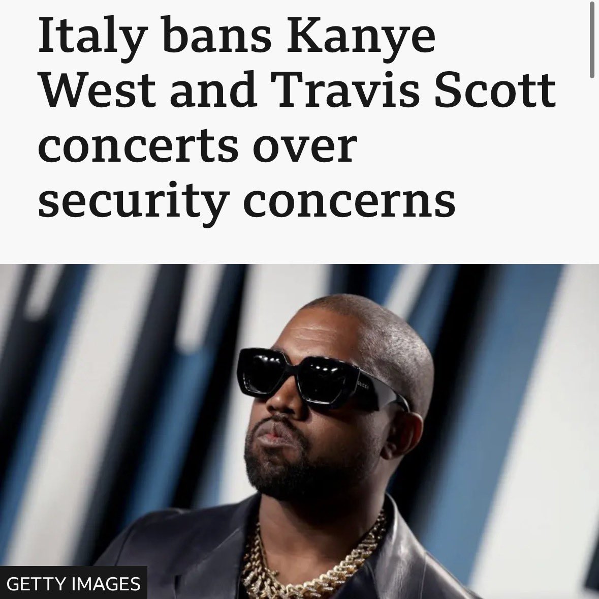 GRMDAILY's tweet photo. 🚨 Kanye West and Travis Scott’s Italy shows have been cancelled by Italian authorities 

Officials cited security concerns, the risk of counter-demonstrations, and the large crowds expected. Ye’s recent controversies were also said to be a factor in the decision 😭 https://t.co/jgdyC8Tpb8