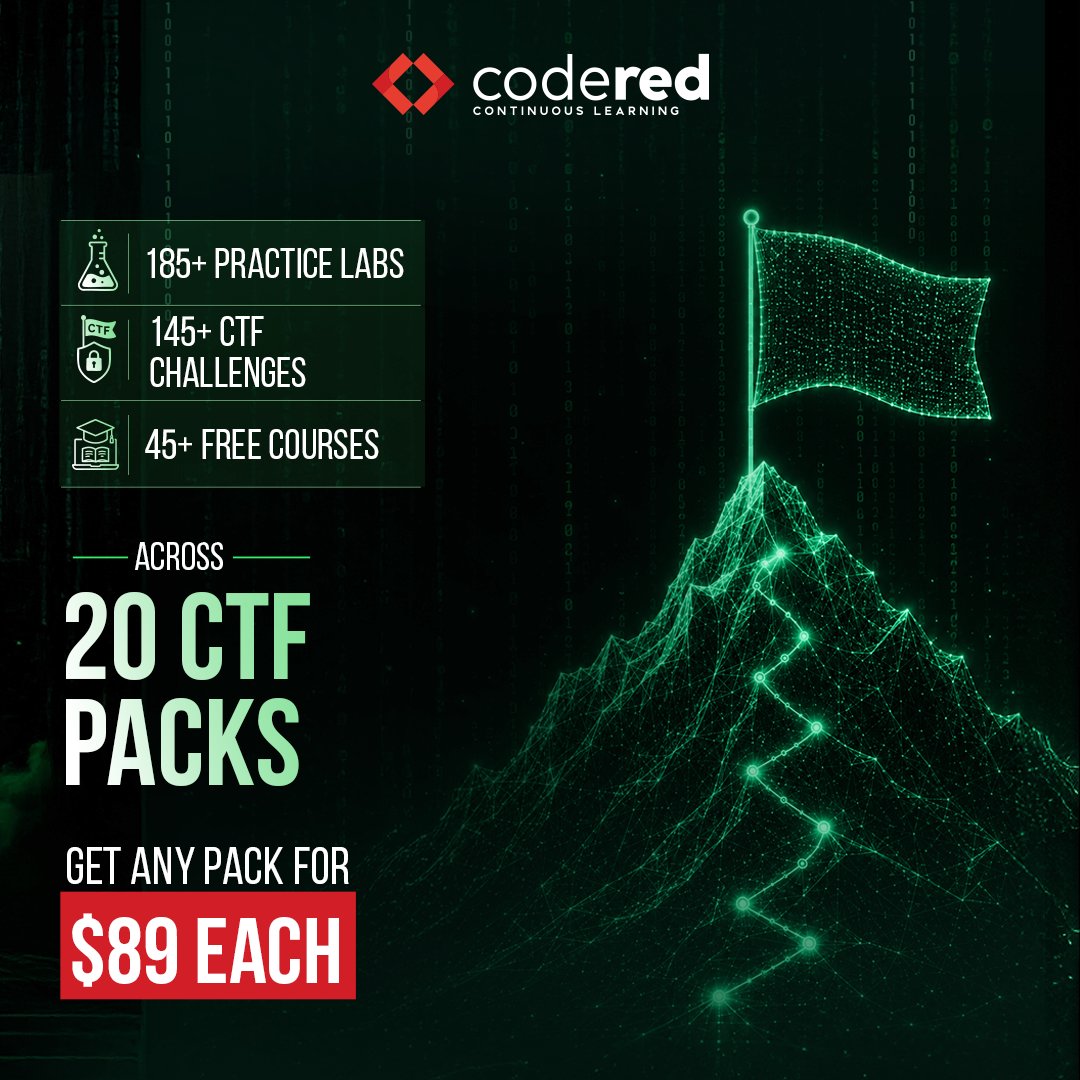 CodeRed_Pro's tweet photo. ⚡ Bespoke free courses, immersive CTFs, and hands-on labs come together across 20 bundles to create a richer cybersecurity learning experience. 

Grab any bundle and get 1-year access for $89 each. 

🔗 https://t.co/U64F0Iq5Vs 

#Cybersecurity #CTF #CaptureTheFlag #CybersecurityLearning #HandsOnLearning #CyberLabs #InfoSec #CyberSkills #SecurityTraining #Cybersecurity #LearnCybersecurity #CyberChallenge #TechLearning #DigitalSecurity #CyberAwareness #Upskill #CodeRed