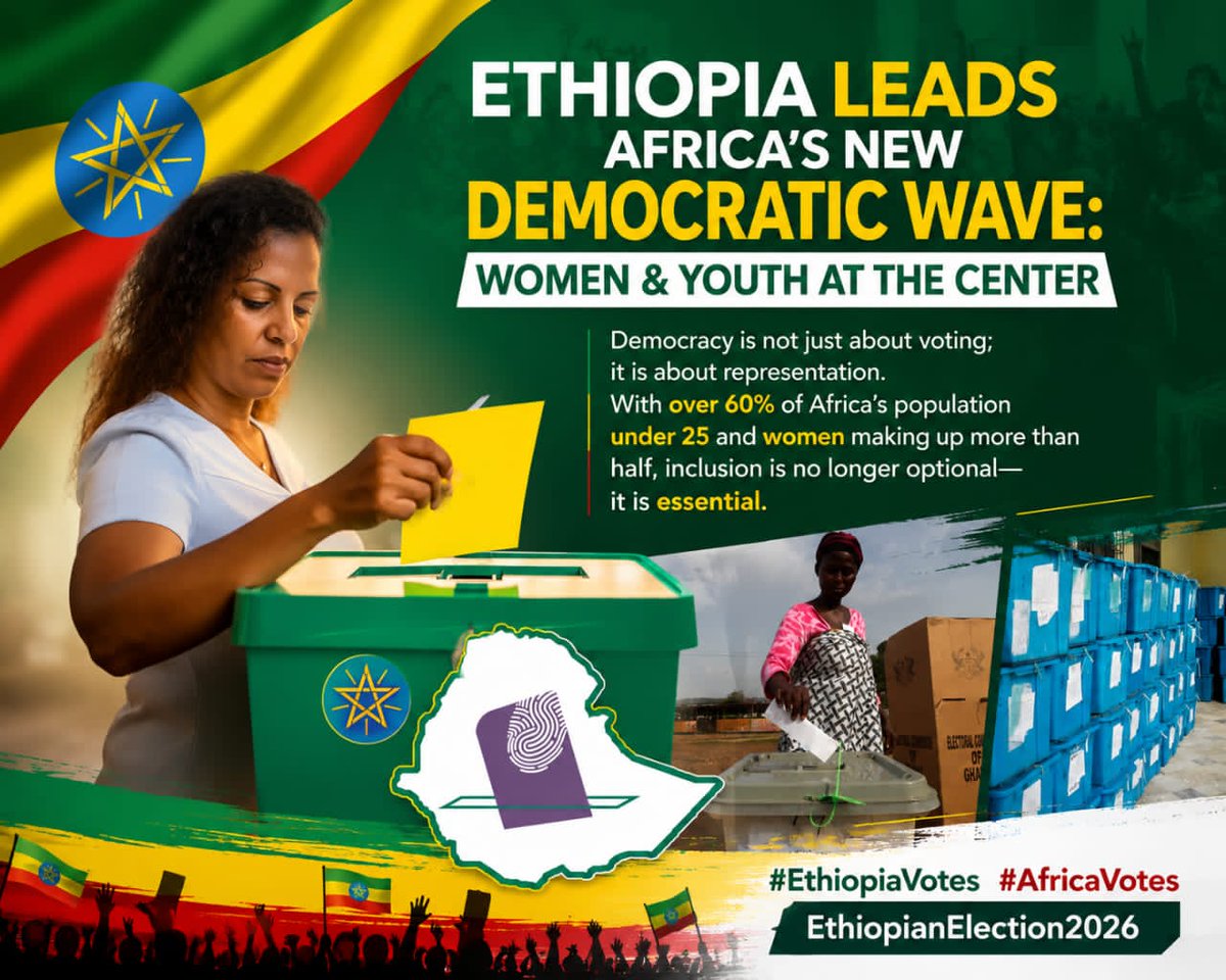 Shegerpress2015's tweet photo. Ethiopia Leads AFRICA’S New Democratic Wave: Women &amp; Youth at the Center 

Democracy is not just about voting; it is about representation.With over 60% of Africa’s population under 25 and women making up more than half,inclusion is no longer optional—it is essential.

#🇪🇹Vote https://t.co/odyjydU3ML