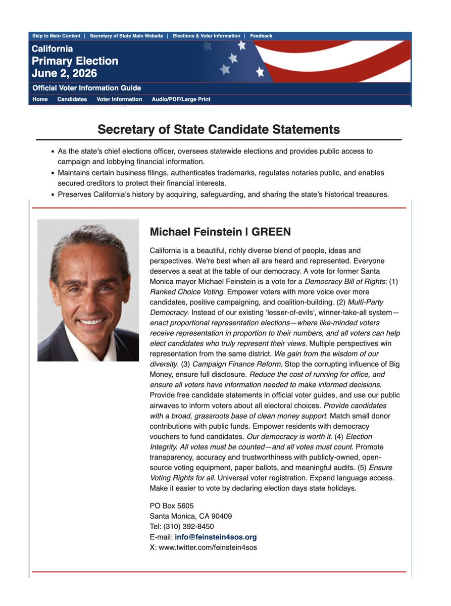 Feinstein4SoS's tweet photo. California Elections: Vote for a more inclusive and representative multi-party democracy -- that gives more Californians a seat at the table of the democracy that affects their lives -- by voting Michael Feinstein for Secretary of State
https://t.co/DQuOoKxXlE
#californiavote https://t.co/3dcs9mftYe