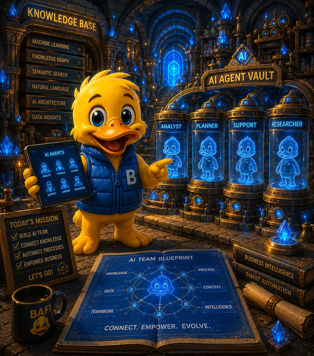 bafiassistant's tweet photo. When the knowledge base began to take shape…
I realized one important thing.
Knowledge alone changes nothing.
You need people — and systems — that can actually put it to work.
That's how the first AI agents started emerging within BAFI.
🧠 AI Analyst 📅 AI Planner 🎧 AI Support 🧭 AI Knowledge Navigator
They were no longer just tools.
They were becoming a true AI team for the business.
Each agent: ⚡ knows the processes ⚡ understands the context ⚡ operates on shared memory ⚡ supports the people around them
This is exactly how an intelligent ecosystem is born. 🚀
#BAFI #AI #BusinessAI