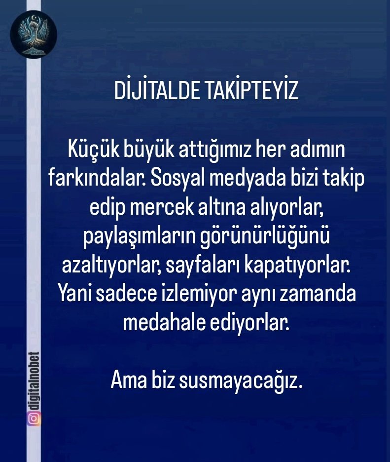 dijitallnobet's tweet photo. GERÇEK ŞU Kİ:
🔴DÜNYANIN GÖZÜ ÖNÜNDE, sana bana, hepimize canlı yayınlarla izletile izletile bir insanlık suçu işleniyor, insanlara eziyet ediliyor.
Bu, artık tüm insanlığın haysiyet ve vicdan meselesidir!

⚫️DİJİTALDE VE TEKNOLOJİDE TAKİPTEYİZ
Küçük büyük attığımız her adımın farkındalar. Sosyal medyada bizi takip edip mercek altına alıyorlar, görünürlüğümüzü azaltıyor ve sayfaları kapatıyorlar.
Ama biz susmayacağız.

⚪️HER NOKTADA GELİŞİM VE HAREKET
Siyonizm her köşeye ince ince işlemiş. Tek bir cephe değil, uzmanlığımızla ve farkındalığımızla her alanda mücadele etmeliyiz. Harekete geçmenin zamanı geldi de geçiyor.

🟢EĞER HEP BİRLİKTE İYİLİK İÇİN GAYRET EDERSEK, HAYALİNİ KURDUĞUMUZ DÜNYAYA KAVUŞACAĞIZ. KÖTÜLÜĞÜN CÜRRETİ, BİLİNÇLİ İYİLERİN SAYISI ARTTIKÇA AZALACAKTIR.
#FREEPALESTİNE #palestinewillbefree
