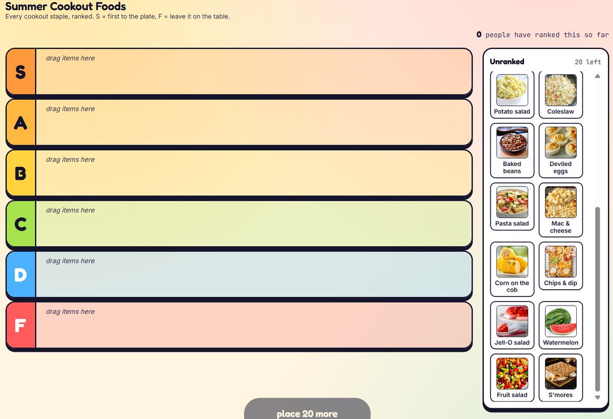 doomrah's tweet photo. this week's Friday Tiers: rank 20 summer cookout foods 🍔

it's officially grill season, so the pile is settling it once and for all. burgers, ribs, the controversial potato salad, and yes, jell-o salad is in there.

https://t.co/oBgsWfzBSF https://t.co/oSuQT3gt1g