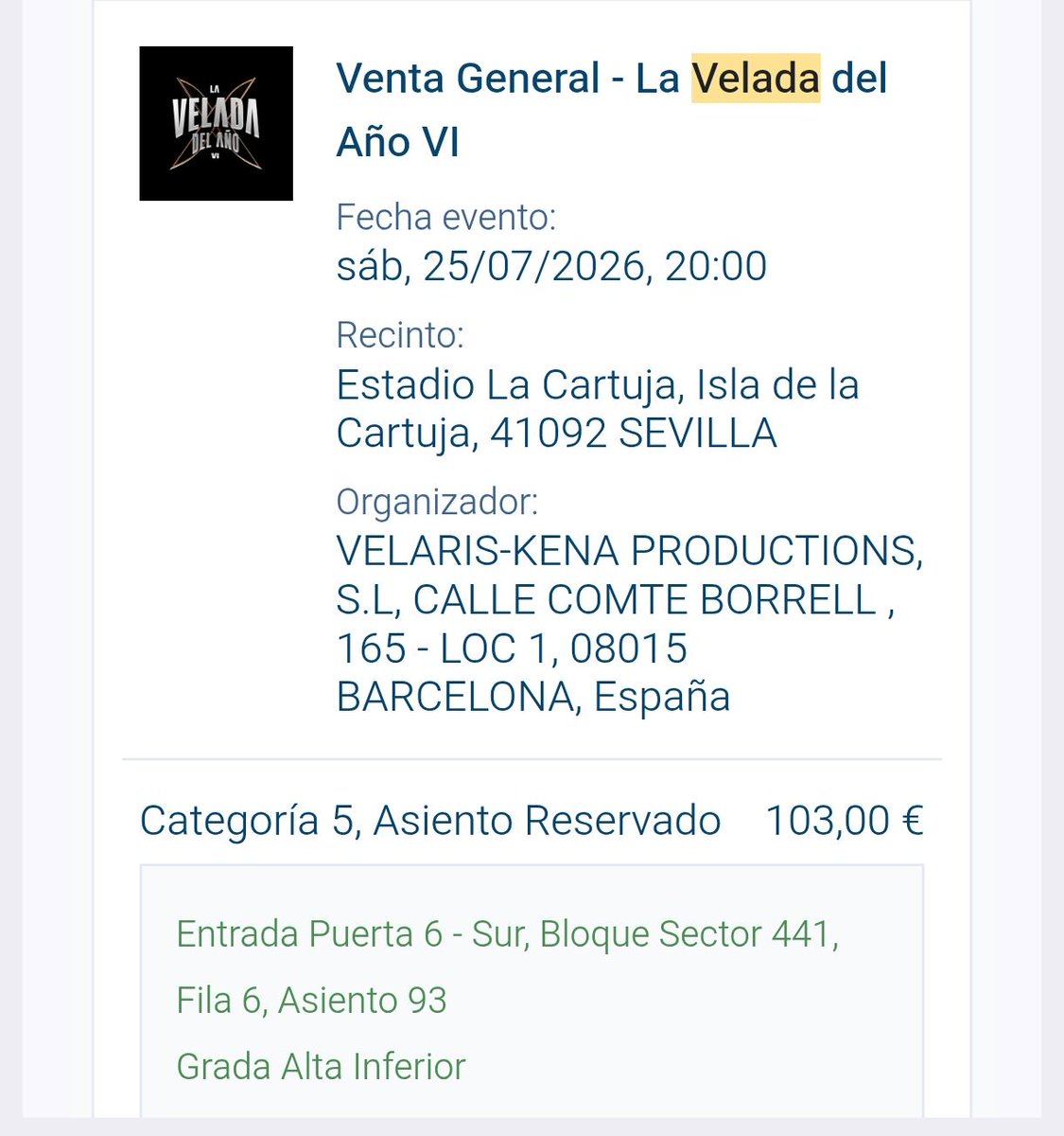 ALEJANDROM62644's tweet photo. Vendo entrada velada VI (todavía no tengo el código , pero para tenerlo hablado ) por el mismo precio q se ve ahí. #Ibai #Veladadelaño #evento #conciertos #VeladadelañoVI #Lacartuja #Sevilla https://t.co/I9kdnbFtJL
